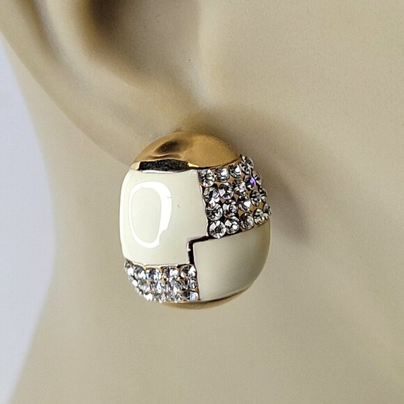 White And Gold Oval Earrings with Clear Crystals Small White Earrings - Picture 1 of 9
